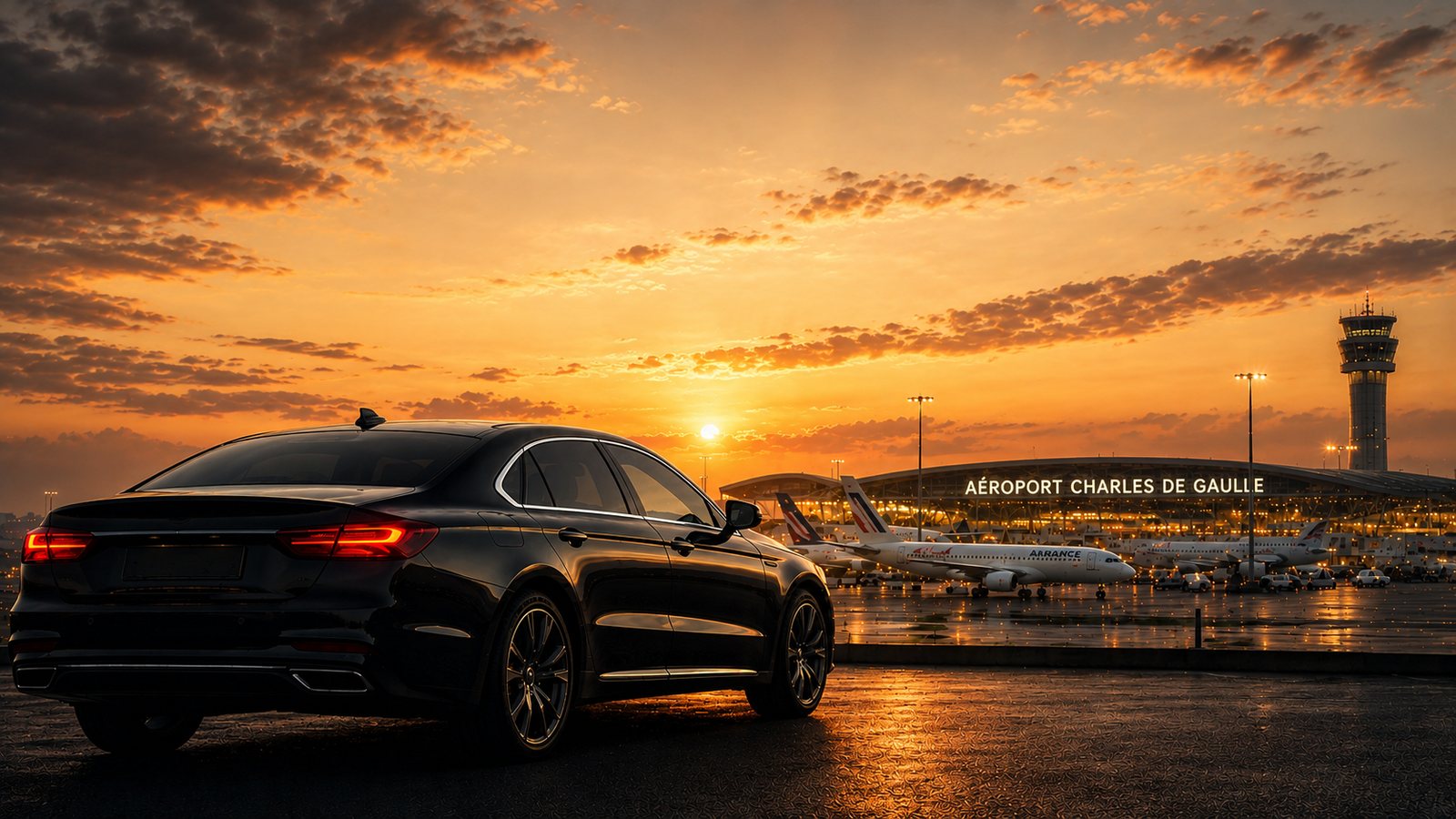 Berline VTC ParisVTCDriver devant l'aéroport Paris-Charles de Gaulle au coucher du soleil