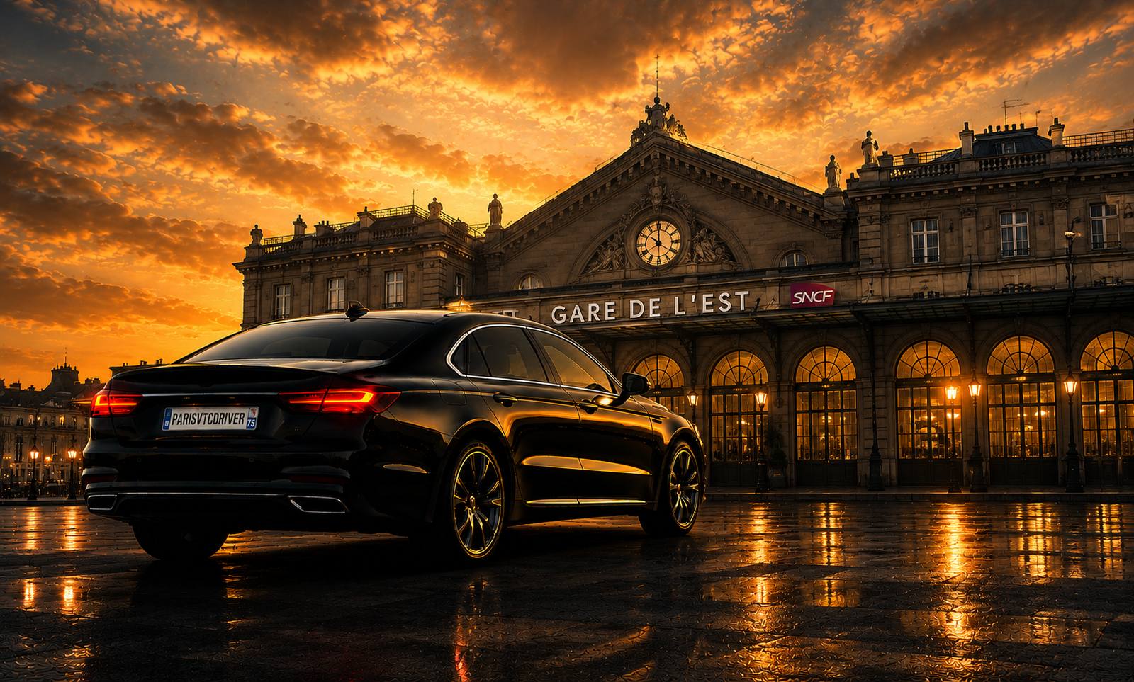 Berline VTC ParisVTCDriver devant la Gare de l'Est à Paris au coucher du soleil