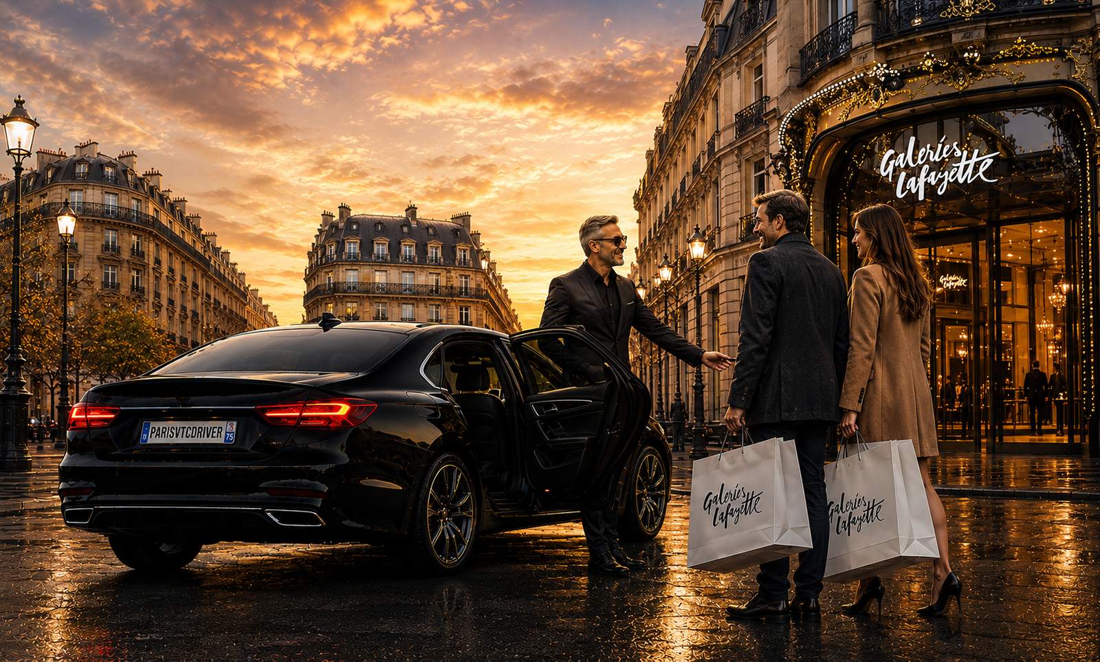 Chauffeur privé ParisVTCDriver ouvrant la portière à des clients à Paris