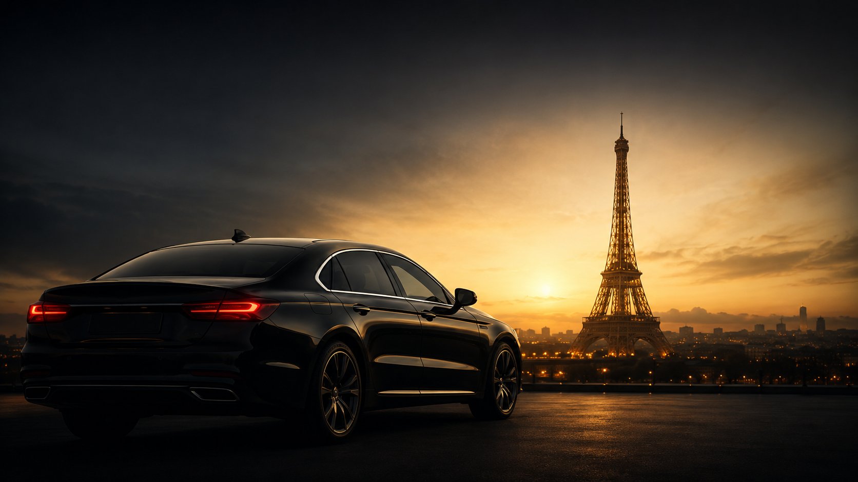 Berline noire ParisVTCDriver devant la Tour Eiffel au coucher du soleil